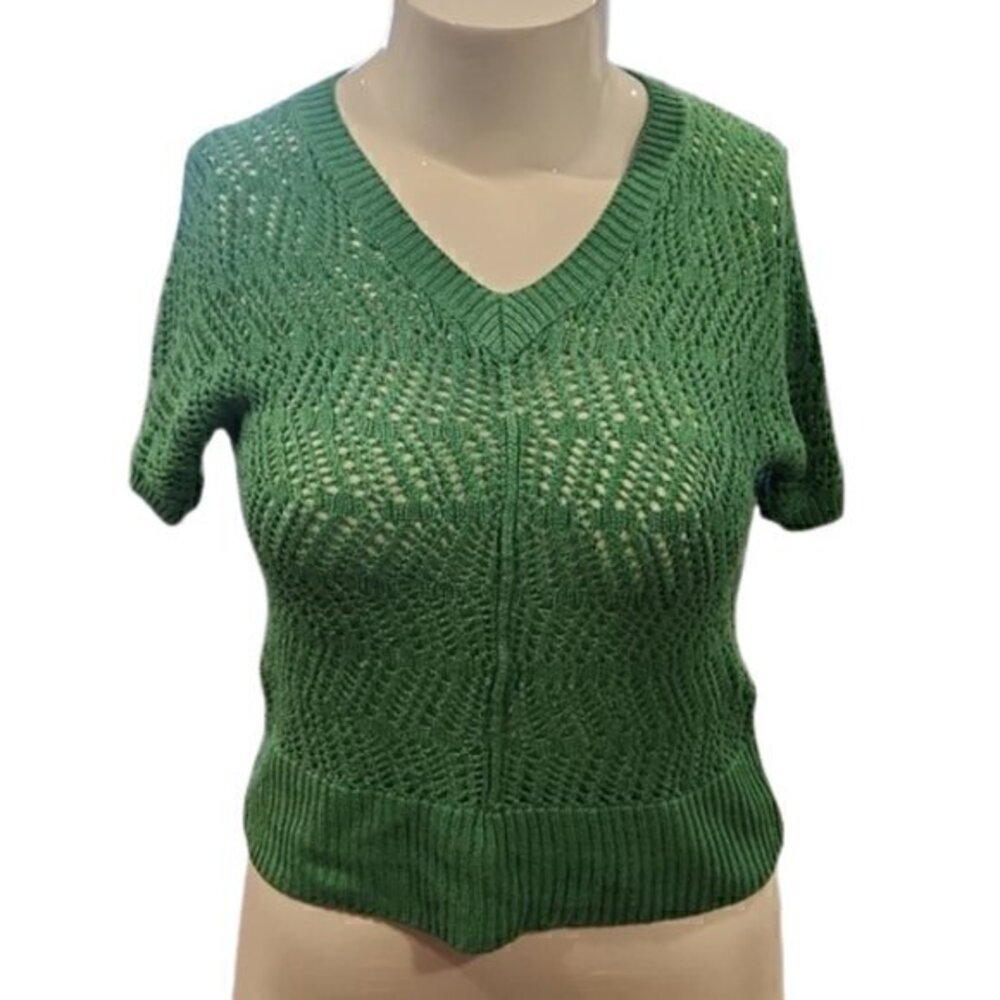 [Sonoma] Green Knitted V-neck Short Sleeve Blouse - Size XS